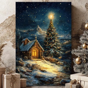Christmas Chapel with Starry Sky Canvas Wall Art Festive Tree Painting Print Cozy Holiday Wall Decor Winter Night Poster Ready to Hang Gift