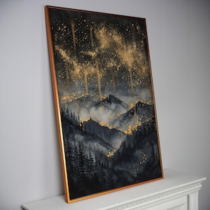 Abstract Mountain Landscape Canvas Art: Gold Black Starry Night Sky ...