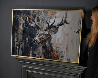 Abstract Stag Painting Print, Black Beige Canvas Wall Art, Deer Decor