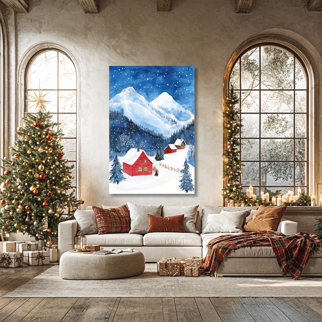 Snowy Mountain Cabins Canvas Wall Art Winter Landscape Watercolor ...