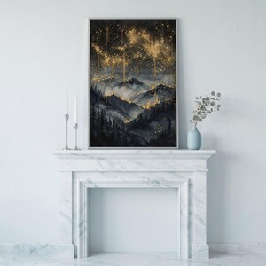 Abstract Mountain Landscape Canvas Art: Gold Black Starry Night Sky ...