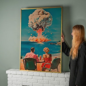 Surreal Picnic Couple Sitting on Beach Canvas Wall Art Nuclear Devastation Print Seaside Poster Retro Art Decor Gift for Him Ready to Hang