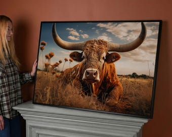 Impression sur toile vache Texas Longhorn : décoration d'art murale bovin de ferme rustique