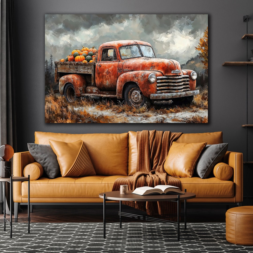 Halloween Pumpkin Truck Canvas Wall Art Rustic Red Pickup Decor Farm