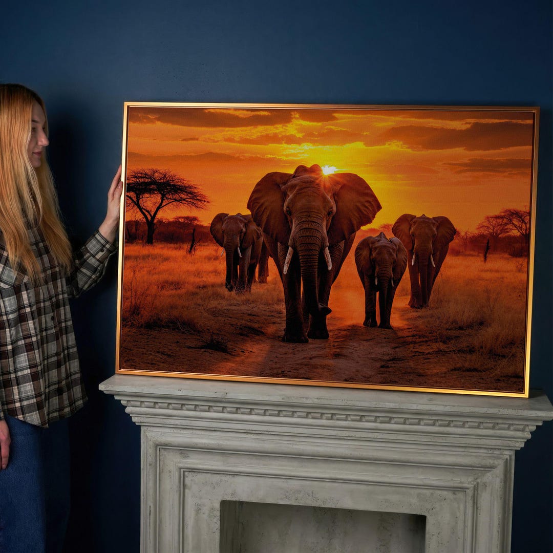 African Elephants Sunset Savanna Canvas Wall Art - Family Animal Decor ...