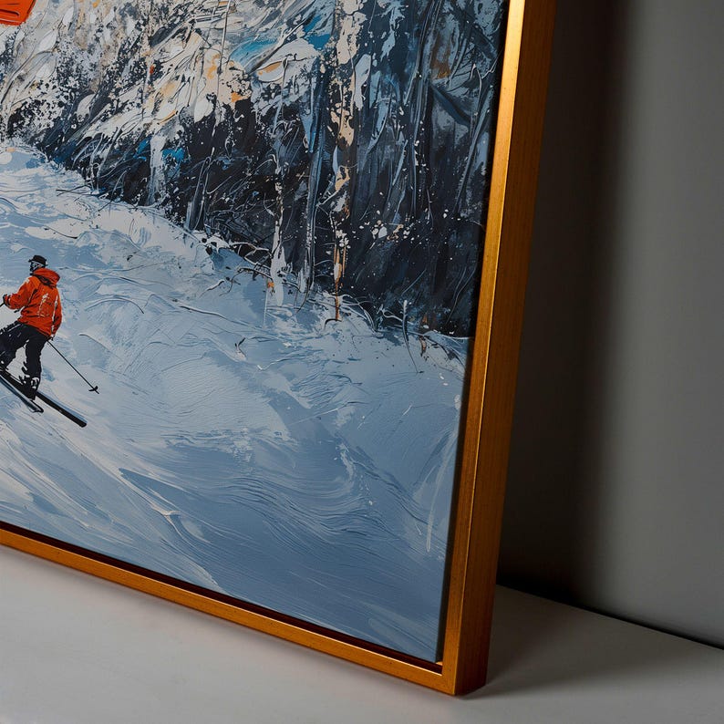 Lienzo enmarcado con remonte de estación de esquí, impresión de pintura de paisaje invernal, decoración del hogar, regalo para esquiadores imagen 7