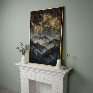 Abstract Mountain Landscape Canvas Art: Gold Black Starry Night Sky ...
