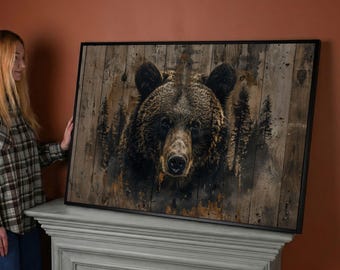 Rustic Bear Canvas Art Abstract Pine Trees Farmhouse Decor Painting Print Ready to Hang