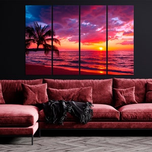 Beautiful sunset Canvas Wall Art tropical beach with palm tree and pink sky for travel and vacation in holiday relax time Ocean Sunset image 2