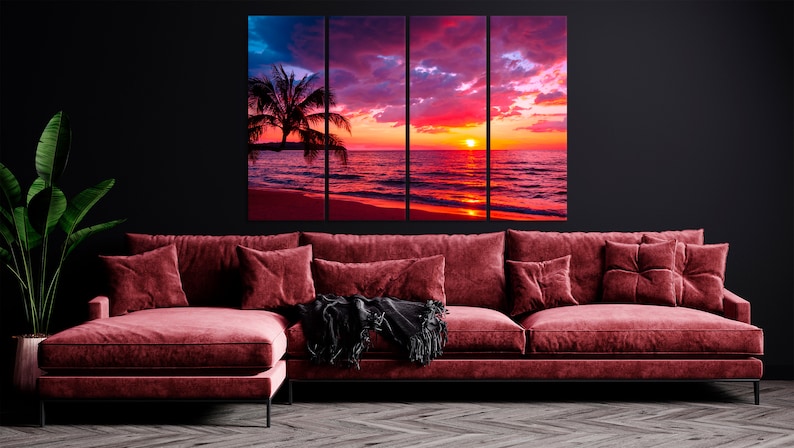 Beautiful sunset Canvas Wall Art tropical beach with palm tree and pink sky for travel and vacation in holiday relax time Ocean Sunset image 2