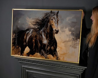 Running Horse Oil Painting Print: Rustic Farmhouse Equestrian Wall Art