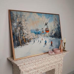 Lienzo enmarcado con remonte de estación de esquí, impresión de pintura de paisaje invernal, decoración del hogar, regalo para esquiadores imagen 14