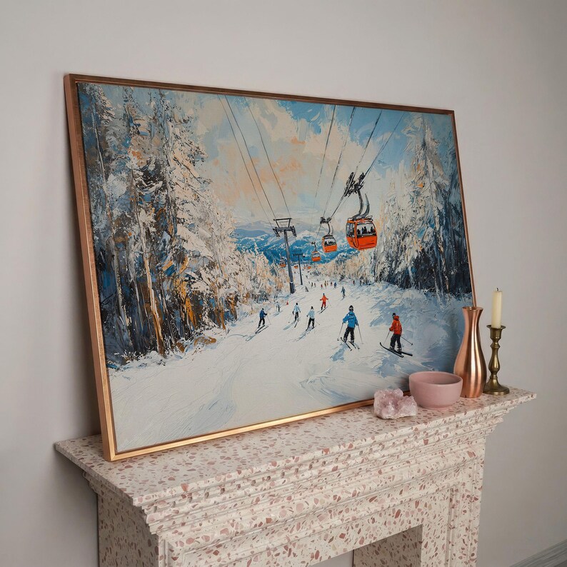 Lienzo enmarcado con remonte de estación de esquí, impresión de pintura de paisaje invernal, decoración del hogar, regalo para esquiadores imagen 14