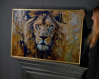 Huge Strong Lion Oil Painting Print Canvas Animal Gold Black Colors Canvas Wall Art Royal Mane Art Yellow Eyes Wall Art Decor for Game Room