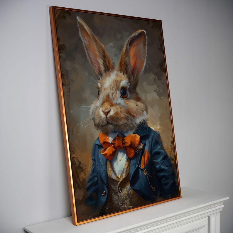Dapper Rabbit Illustration Dapper Rabbit Bowtie Painting Print Canvas Wall Art Easter Bunny Poster ...