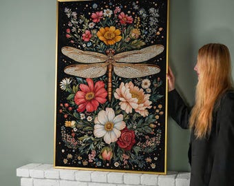 Dragonfly Floral Canvas Print – Botanical Wall Art, Living Room Decor