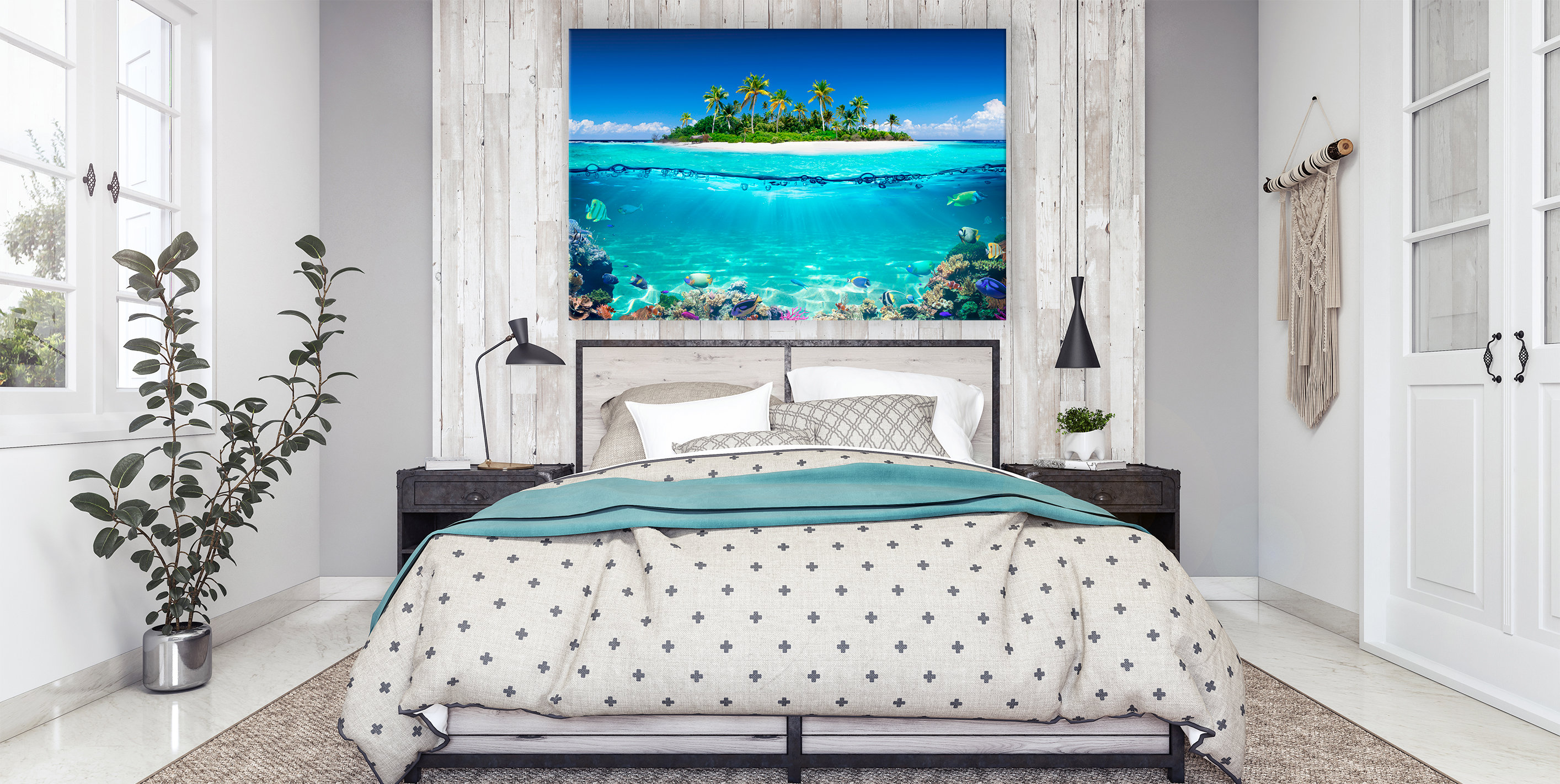 Tropical Island and Coral Reef Bedroom Wall Decor Split View With Waterline Beach Canvas Large