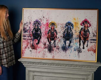 Abstract Horse Racing Canvas Art, Vibrant Sports Wall Decor, Equestrian Jockeys Print