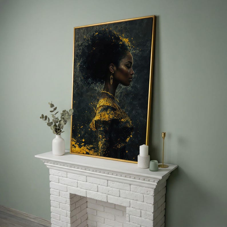 African American Woman Portrait Canvas Art – Gold Accents Abstract Fashion Print Yellow Gold Frame