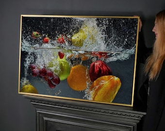 Arte mural en lienzo: Ilustración de frutas salpicando agua, decoración de cocina saludable