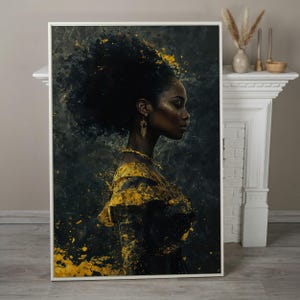 African American Woman Portrait Canvas Art – Gold Accents Abstract Fashion Print White Frame