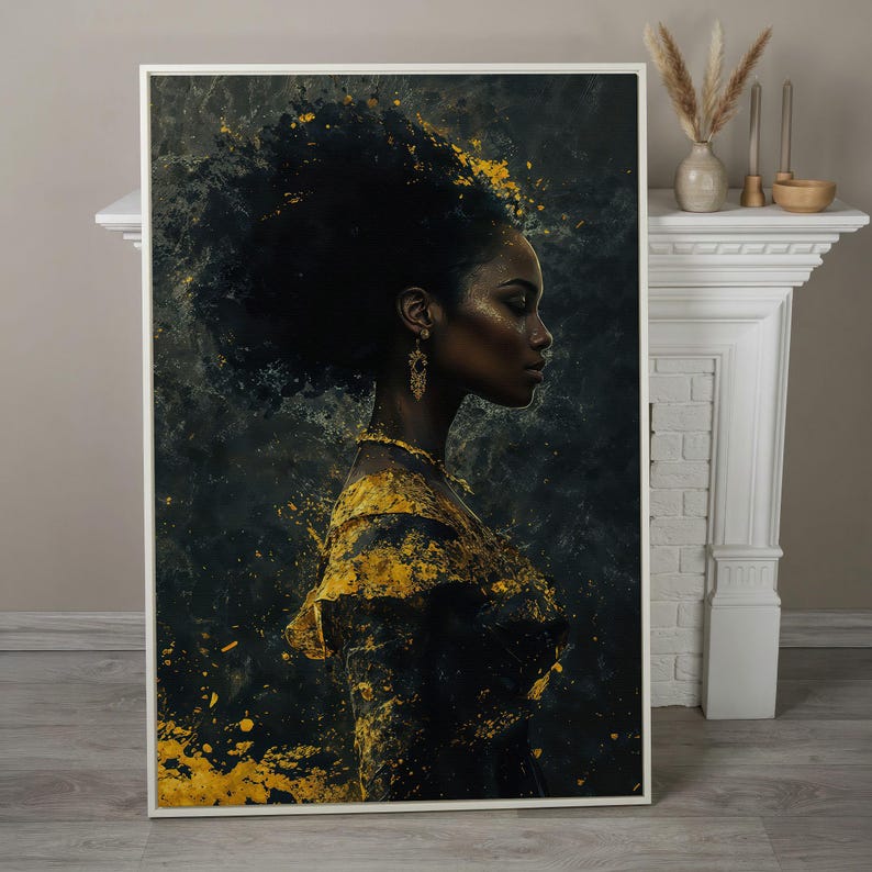 African American Woman Portrait Canvas Art – Gold Accents Abstract Fashion Print White Frame