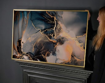 Blau Gold Marmor Kunstdruck auf Leinwand: Abstrakte Malerei, luxuriöse Wanddekoration