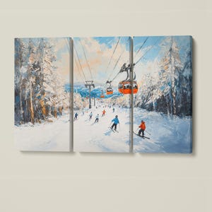Lienzo enmarcado con remonte de estación de esquí, impresión de pintura de paisaje invernal, decoración del hogar, regalo para esquiadores imagen 6