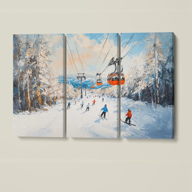 Lienzo enmarcado con remonte de estación de esquí, impresión de pintura de paisaje invernal, decoración del hogar, regalo para esquiadores imagen 6