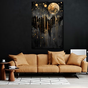 Moonlit Splendor Canvas Wall Art Abstract Gold and Black Dramatic Night