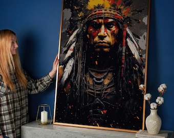 Native Americans Oil Painting Canvas Print Native Art Wall Decor Angry Indigenous Chief portrait Ready To Hang american indian art