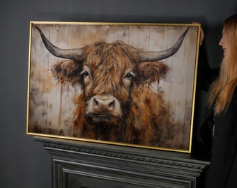 Stampa su tela con mucca delle Highlands, quadro rustico da fattoria con bovini, dipinto di mucca scozzese
