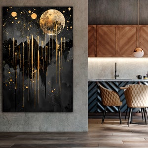 Moonlit Splendor Canvas Wall Art Abstract Gold and Black Dramatic Night