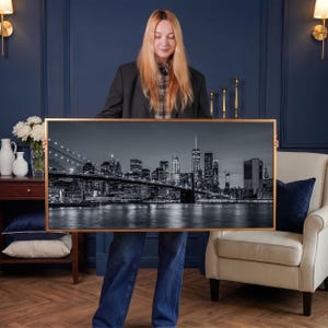 Arte de pared de Nueva York, vista panorámica en blanco y negro, horizonte de la ciudad de Nueva York, puente de Brooklyn, arte de lienzo grande, arte de lienzo de Nueva York