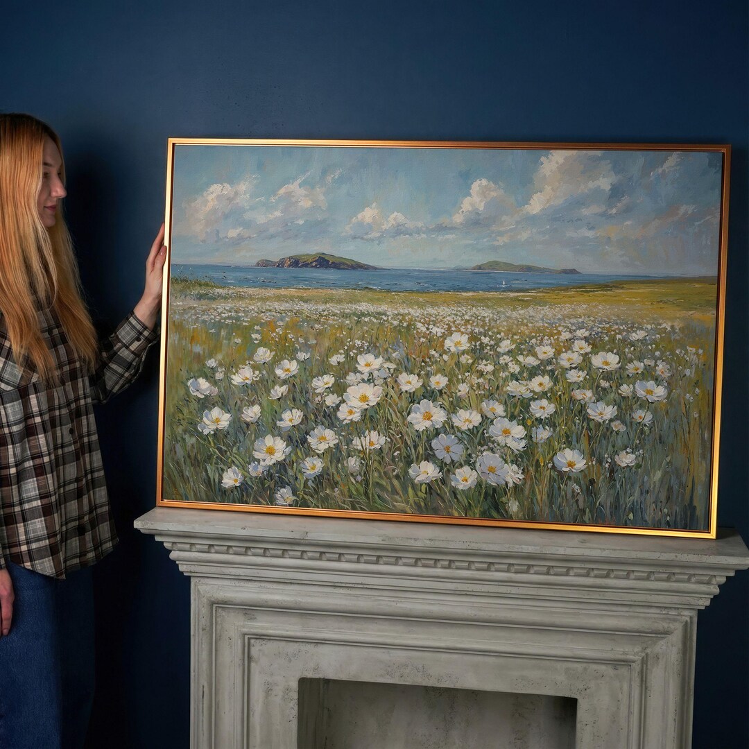 Seaside Wildflower Field Canvas Print – Coastal Landscape Ocean Wall ...