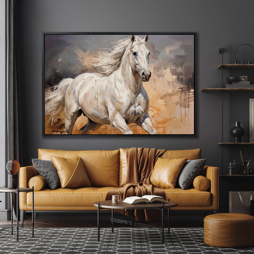 White Running Horse Oil Painting Print on Canvas Extra Large Rustic ...
