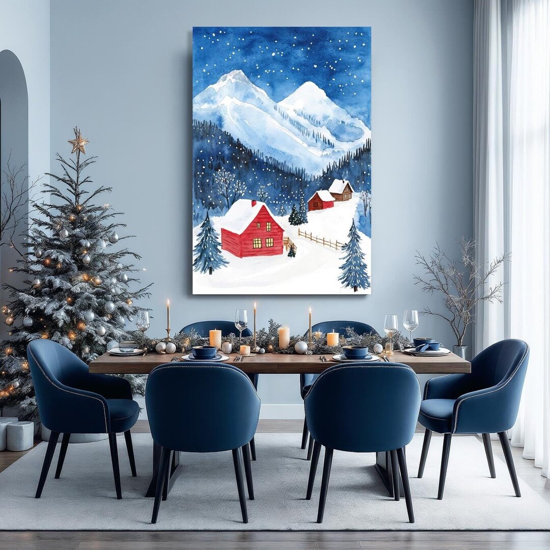 Snowy Mountain Cabins Canvas Wall Art Winter Landscape Watercolor ...