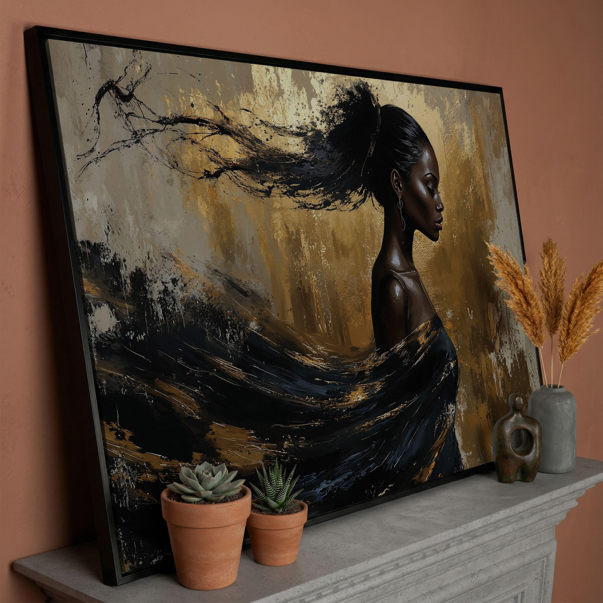 Woman Portrait Canvas Wall Art Black Gold Painting Print Luxury Decor ...