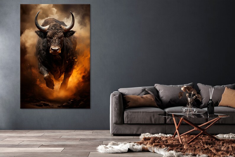 Black Angry Bull Canvas Wall Art Powerful Running Bull Striking Wall Decor Bull Wall Art Print