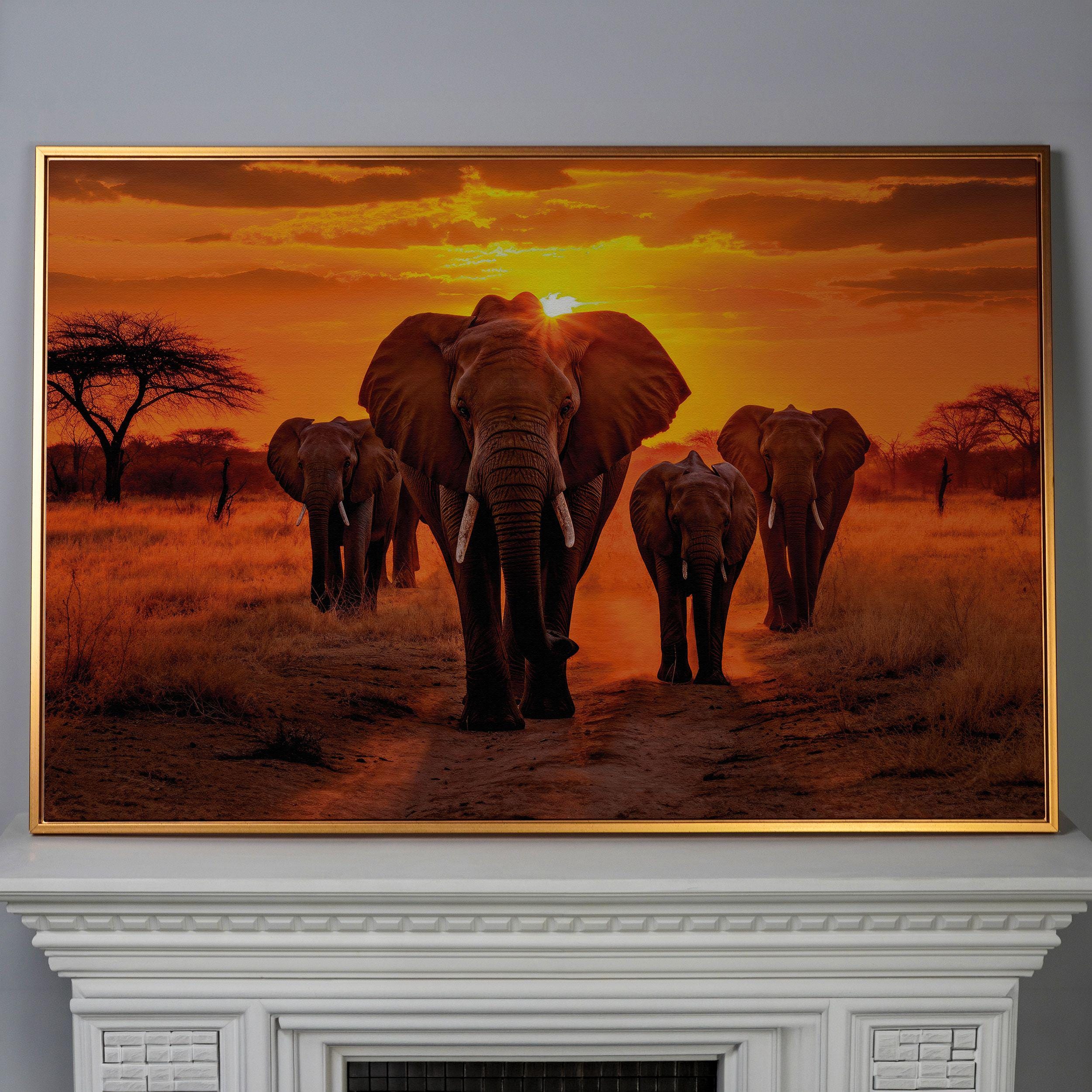 African Elephants Sunset Savanna Canvas Wall Art - Family Animal Decor ...