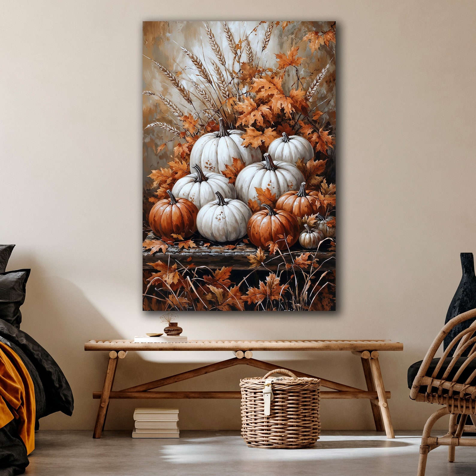 Autumn Harvest Canvas Wall Art Halloween Decor White and Orange