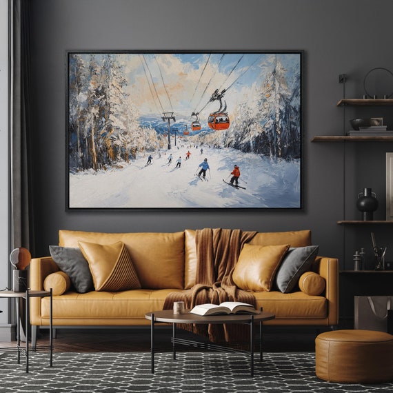 Ski Resort Lift Framed Canvas Wall Art, Skiing Painting Print, Cozy Home Decor, Winter Landscape Art Poster, Ready to Hang, Gift for Skier