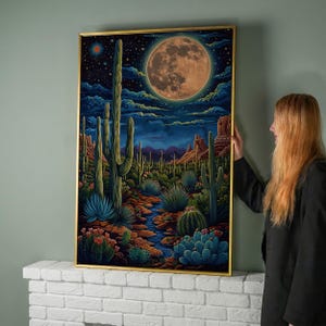 Desert Full Moon Night Painting Print: Vibrant Cacti, Starry Sky Canvas Wall Art