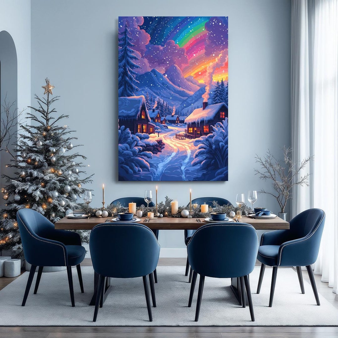 Magical Winter Village Canvas Wall Art Snowy Landscape Painting Print ...