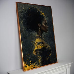 a painting of a woman's face on a wall above a table