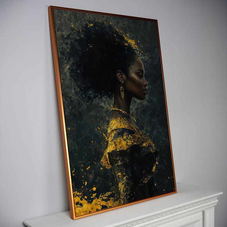 a painting of a woman's face on a wall above a table