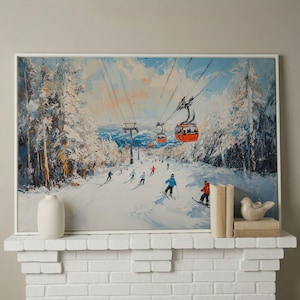 Lienzo enmarcado con remonte de estación de esquí, impresión de pintura de paisaje invernal, decoración del hogar, regalo para esquiadores imagen 19