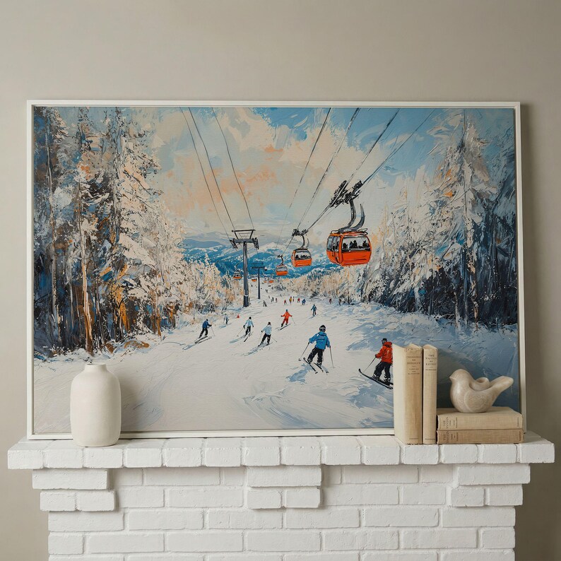 Lienzo enmarcado con remonte de estación de esquí, impresión de pintura de paisaje invernal, decoración del hogar, regalo para esquiadores imagen 19