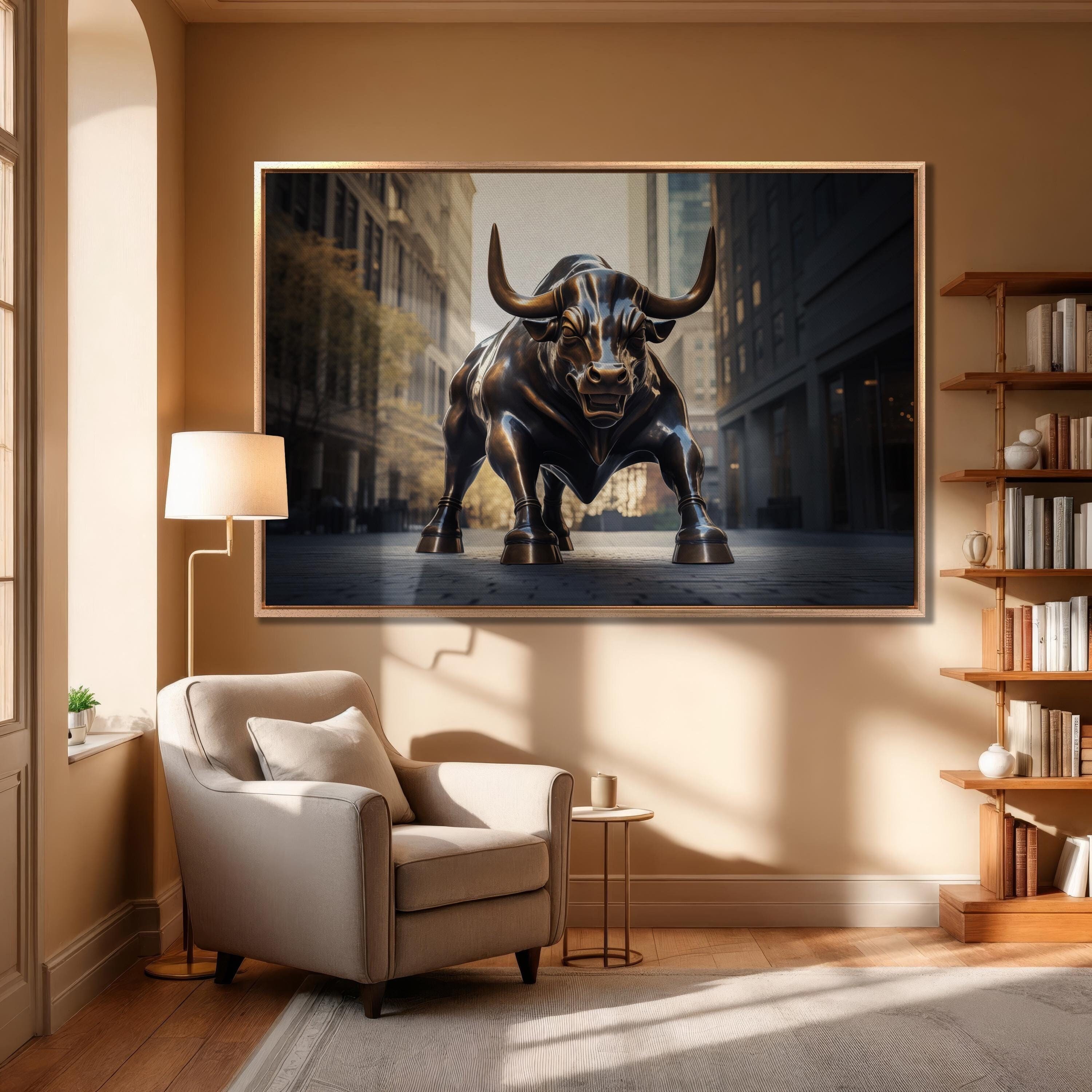 Charging Bull Statue Canvas Wall Art Street Art Financial Bull Wall Art Decor Raging Bull with Horns Large Wall Print Staircase Wall Decor