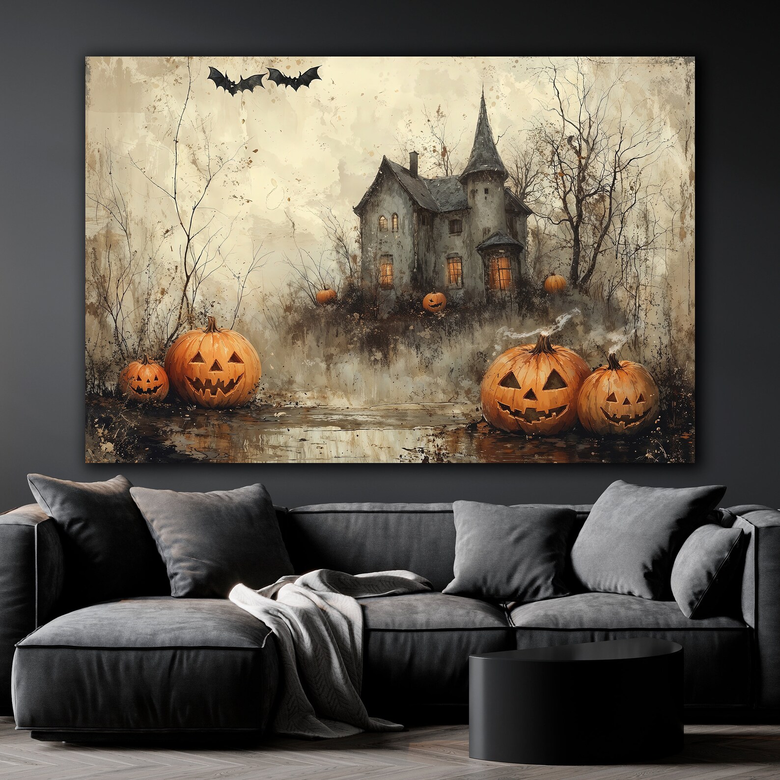Halloween Haunted Mansion Canvas Wall Art Eerie Jack O Lantern Decor